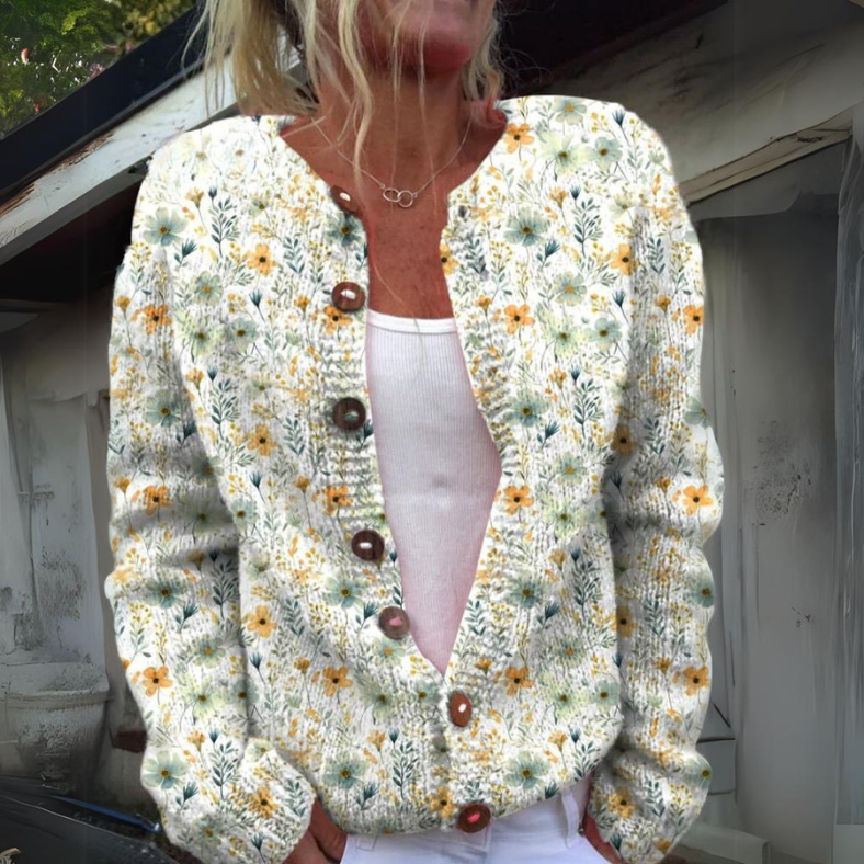 Nicoleta™ - Strikket Cardigan med Blomsterprint