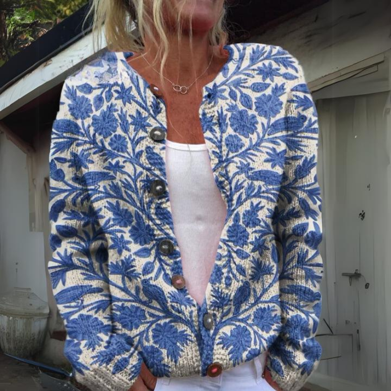 Nicoleta™ - Strikket Cardigan med Blomsterprint