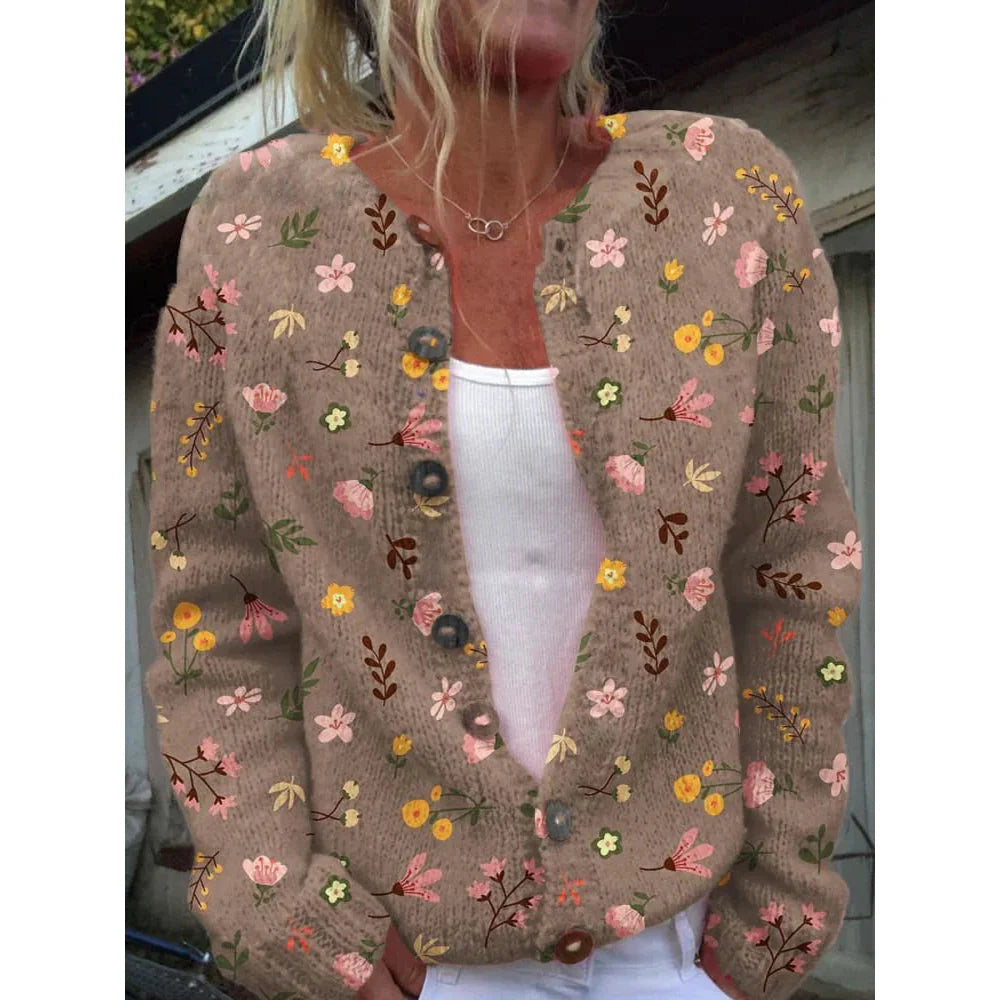 Nicoleta™ - Strikket Cardigan med Blomsterprint